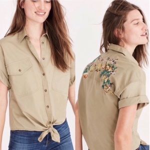 Madewell tie-front embroidered button-up khaki top